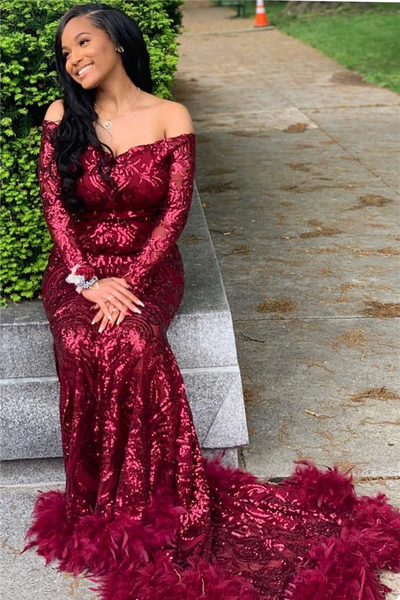 Long sleeve maroon prom dress best sale