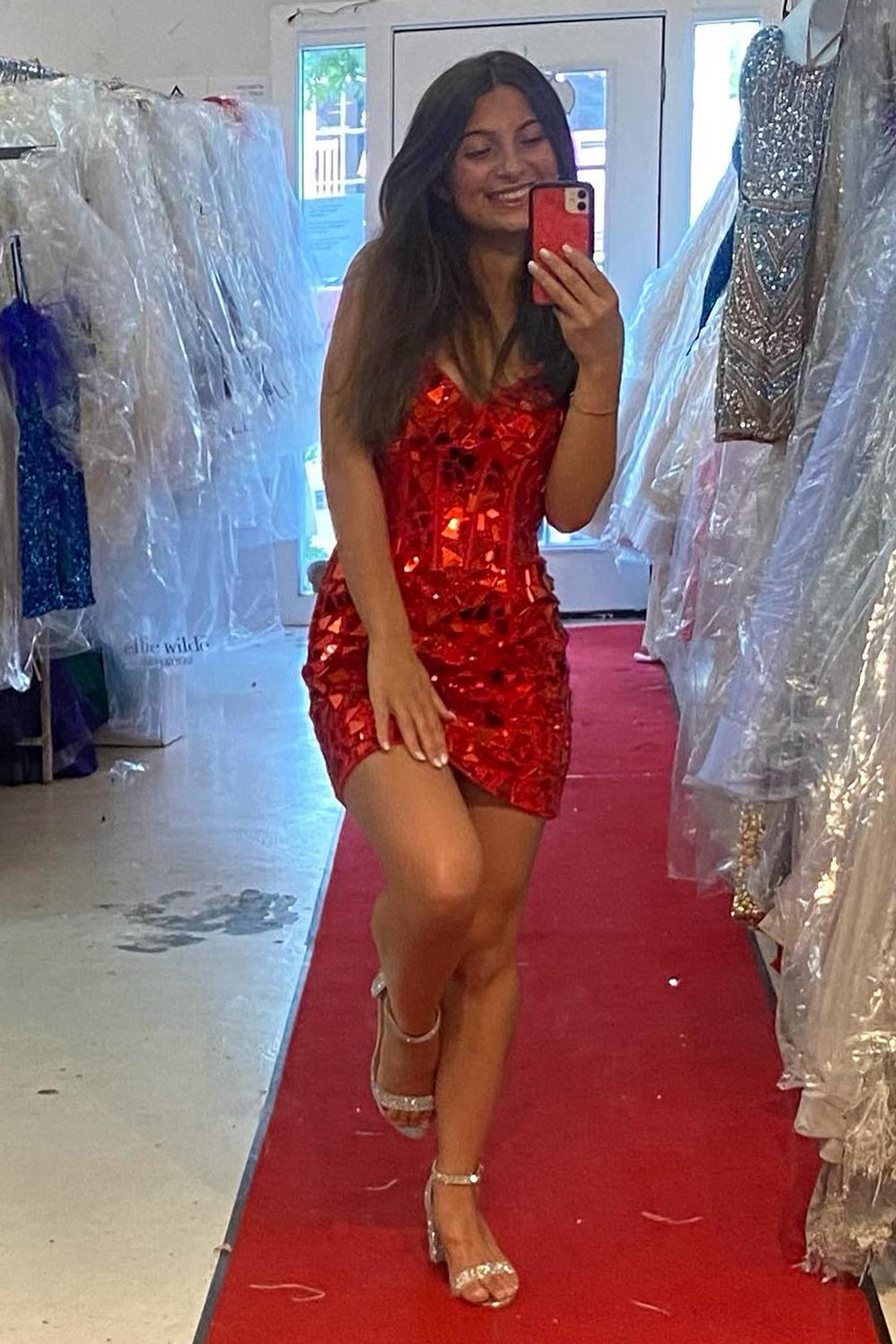 Glitter Mirror Red Corset Tight Short Homecoming Dress