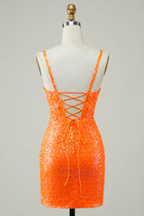 Glitter Orange Tight Homecoming Dress with Beaded