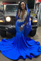 Royal Blue Deep V-neck Mermaid Court Train Long Prom Party Dresses