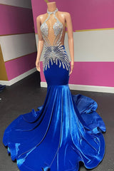 Royal Blue Halter Velvet Mermaid Silver Beaded Prom Party Dresses