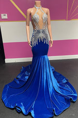 Royal Blue Halter Velvet Mermaid Silver Beaded Prom Party Dresses