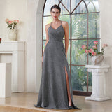 Fabulous A-Line Polyester Lurex Fabric V-Neck Sleeveless Darkbrown Prom Dress With Zipper Pocket Split Front