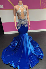 Royal Blue Halter Velvet Mermaid Silver Beaded Prom Party Dresses