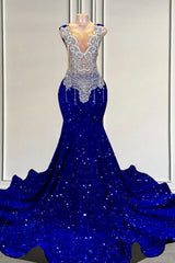 Royal Blue sequin Silver Beaded Mermaid Long V-neck Prom Party Dresses