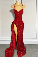 Halter Burgundy High Split Floor Length Prom Party Dresses