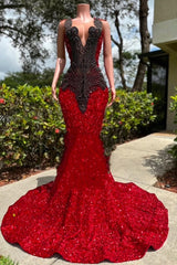 V-neck Burgundy Sequin Prom Party Dresses with Dark Sequins