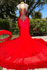 Deep V-neck Mermaid Ruby Feather Silver Beaded Prom Party Dresses