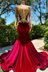 Long sleeves One shoulder Gold Appliques Burgundy Prom Party Dresses