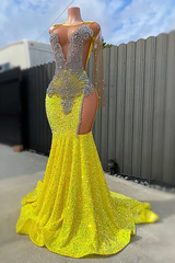 Round neck Silver Beaded Mermaid Yellow Sequin Prom Party Dresses