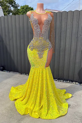 Round neck Silver Beaded Mermaid Yellow Sequin Prom Party Dresses