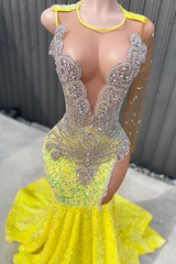 Round neck Silver Beaded Mermaid Yellow Sequin Prom Party Dresses