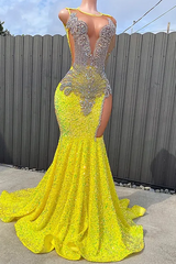 Round neck Silver Beaded Mermaid Yellow Sequin Prom Party Dresses