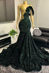 One shoudler Dark Green Sequin Floor length Prom Party Dresses