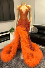 V-neck Orange Beaded Tulle Ruffles Sequin Prom Party Dresses