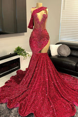 One shoulder Burgundy Sequin Prom Party Dresses with cutout