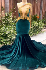 Dark Green Velvet One shoulder Mermaid Prom Party Dresses with Gold Appliques