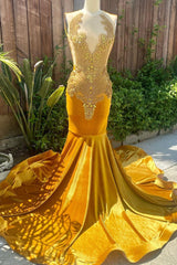 V-neck Gold Velvet Sleeveless Mermaid Long Court Train Prom Party Dresses