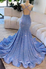 Deep V-Neck Mermaid Sequins Backless Formal Dresses