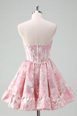 A Line Pink Strapless Corset Floral Short Homecoming Dress