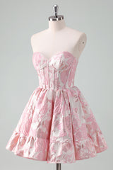 A Line Pink Strapless Corset Floral Short Homecoming Dress