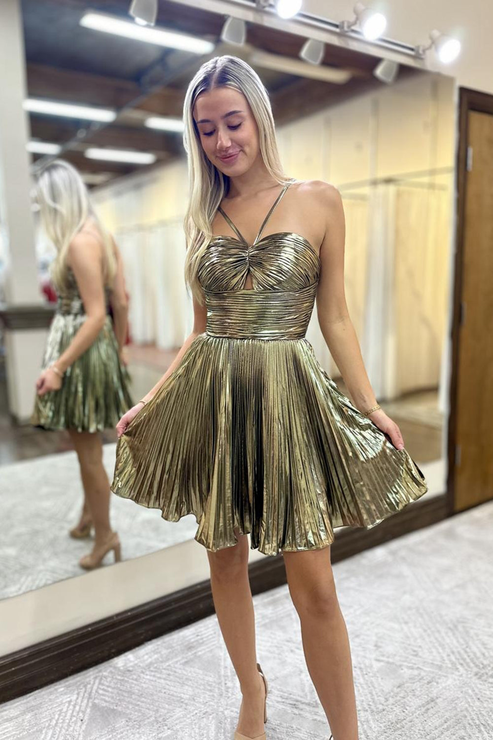 A Line Golden Halter Short Homecoming Dress with Keyhole