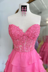 Sparkly A Line Pink Strapless Corset Short Homecoming Dress with Ruffles