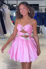 A Line Pink Spaghetti Straps Tiered Short Homecoming Dress with Bow