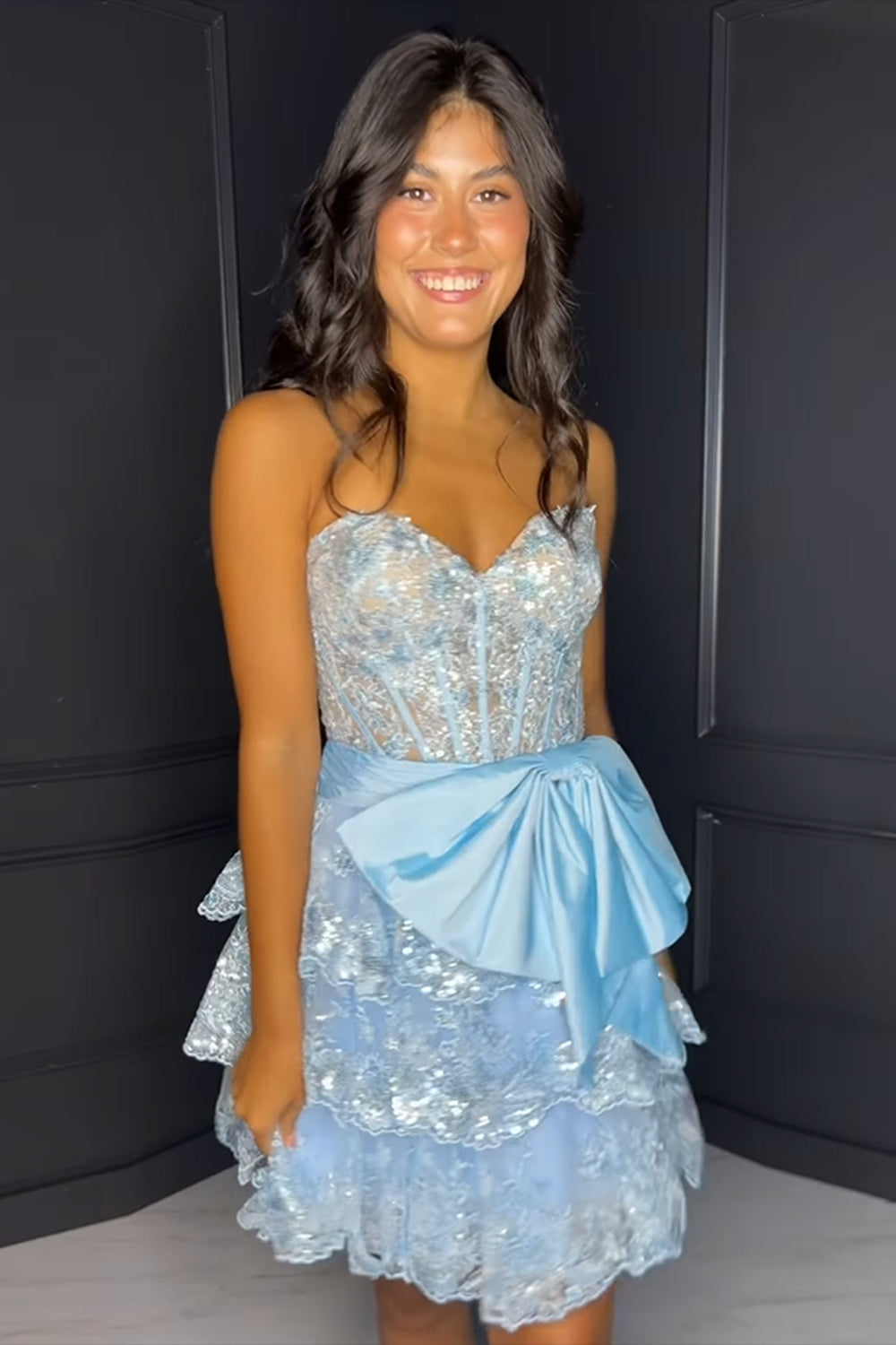 Sparkly A Line Light Blue Strapless Short Homecoming Dress with Bow