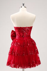 Sparkly A Line Red Strapless Short Homecoming Dress with Bow