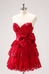 Sparkly A Line Red Strapless Short Homecoming Dress with Bow