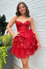 Sparkly A Line Red Strapless Corset Short Homecoming Dress with Bow