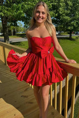 A Line Fuchsia Strapless Tiered Short Homecoming Dress with Bow