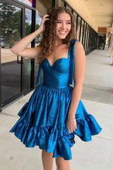 A Line Spaghetti Straps Blue Tiered Short Homecoming Dress with Bows