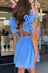 A Line Blue Floral Short Homecoming Dress