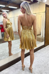 A Line Golden Criss Cross Halter Pleated Short Homecoming Dress