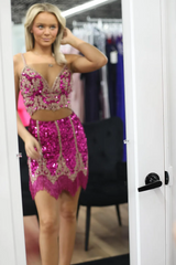 Sparkly Fuchsia Spaghetti Straps Bodycon Short Homecoming Dress with Fringe