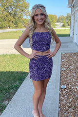 Sparkly Purple Spaghetti Straps Tight 2 Pieces Short Homecoming Dress