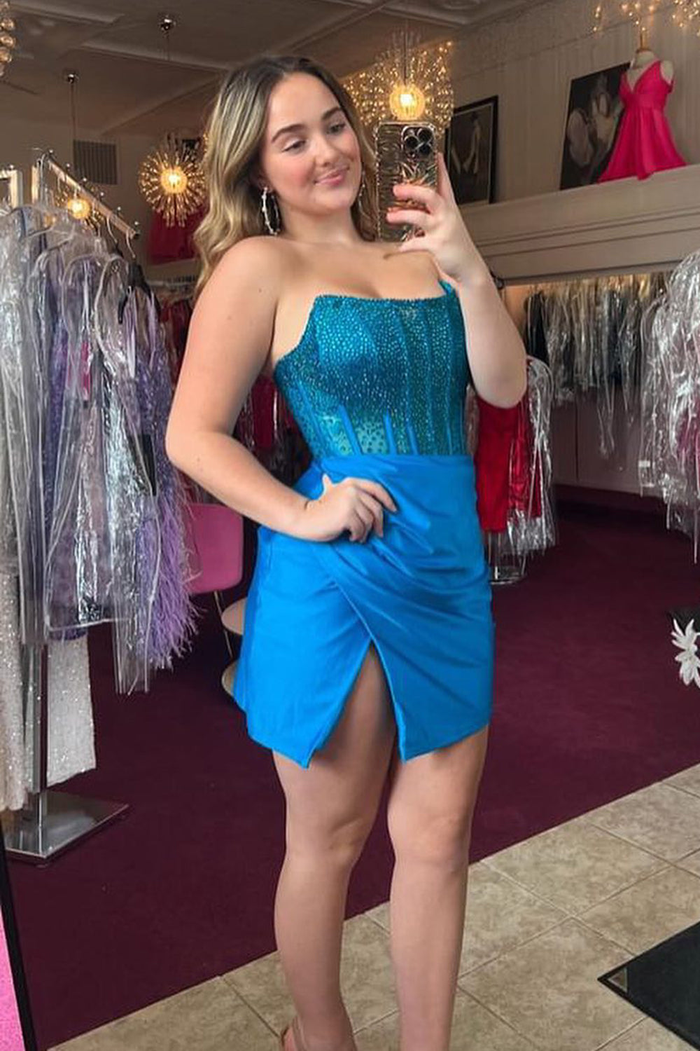 Strapless Blue Bodycon Corset Short Homecoming Dress with Beading