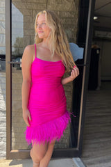 Glitter Fuchsia Feathered Tight Short Homecoming Dress