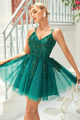 A Line Spaghetti Straps Dark Green Short Homecoming Dress with Appliques Beading