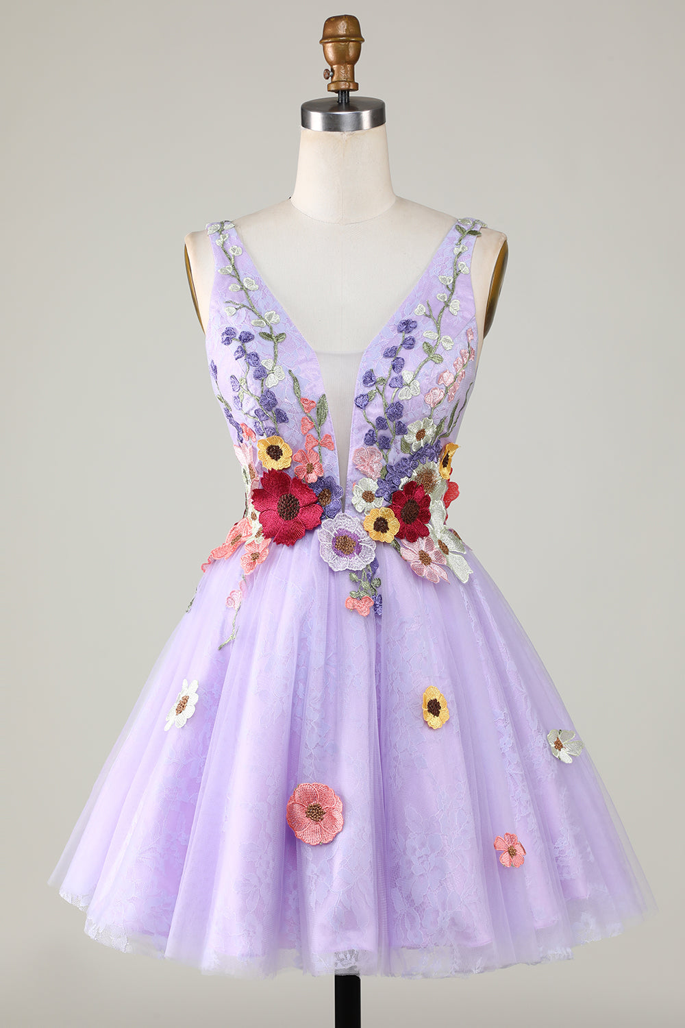 A Line Deep V Neck Open Back Purple Homecoming Dress With 3D Flowers