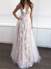 A-Line/Elegant V-neck Floor-Length Tulle Sleeveless Applique Prom Dresses