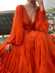 A-Line/Elegant V-neck Long Sleeves 3D Chiffon Ruffles Prom Dresses