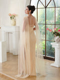 Amazing Mermaid Polyester Knitted Scoop Sleeveless Champagne Gold Prom Dresses With Beading Zipper Split Front