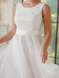 Vintage A-Line Tulle Polyester Scoop Sleeveless Off White Prom Dress With Sequined