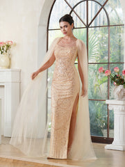 Amazing Mermaid Polyester Knitted Scoop Sleeveless Champagne Gold Prom Dresses With Beading Zipper Split Front