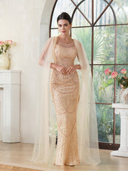 Amazing Mermaid Polyester Knitted Scoop Sleeveless Champagne Gold Prom Dresses With Beading Zipper Split Front