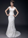 Affordable Mermaid Off Shoulder Wedding Dress Organza Short Sleeve Bridal Gowns with Sweep Train