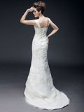 Affordable Mermaid Off Shoulder Wedding Dress Organza Short Sleeve Bridal Gowns with Sweep Train